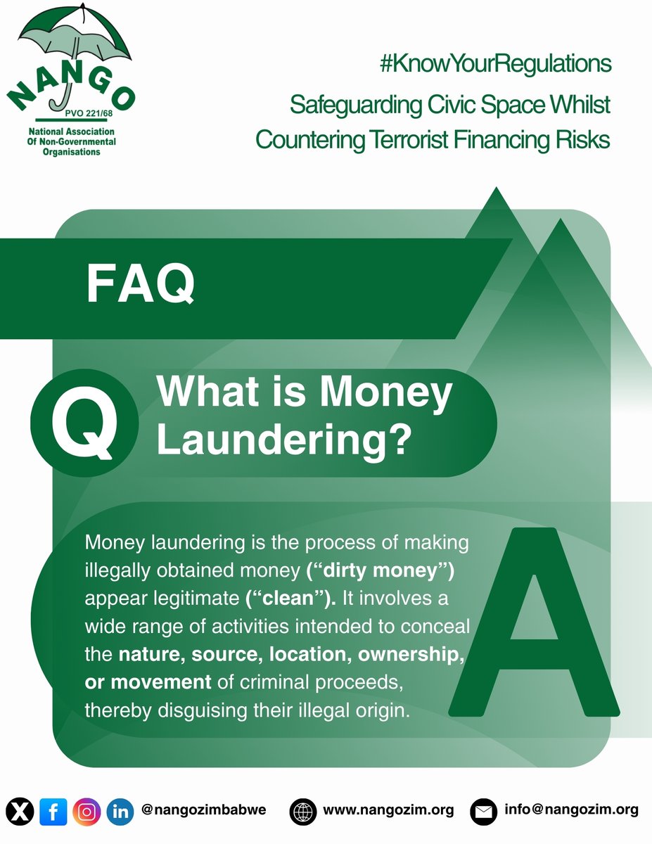 nangozimbabwe's tweet image. #ComplianceTuesday | Understanding Money Laundering

Q: What is Money Laundering?
 A: It is the process of making illegally obtained funds (“dirty money”) appear legitimate (“clean money”). This is usually done by moving money through banks, businesses, or other financial systems…