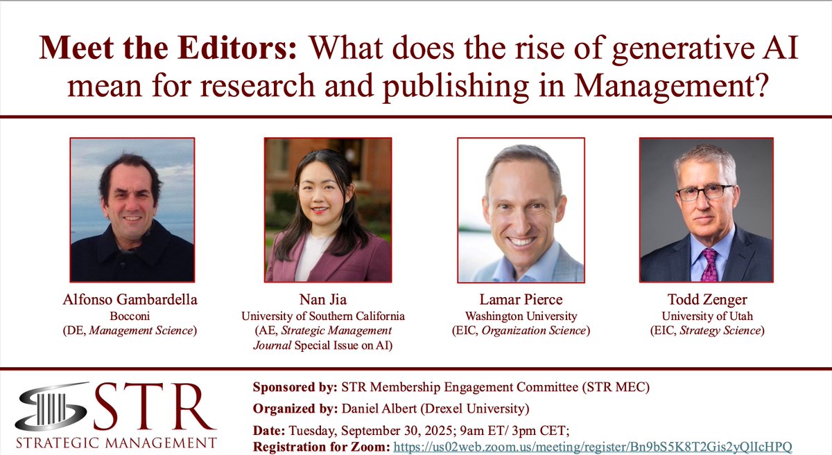 STR - Strategic Management Division (@aom_str) on Twitter photo 🚀 STR Virtual Event 🚀
Meet the Editors: What does the rise of generative AI mean for research & publishing in Management?
📅 Sept 30, 9am ET
🔗 Register here: us02web.zoom.us/meeting/regist…
Don’t miss this timely discussion on #AI & #ManagementResearch! 🚀 STR Virtual Event 🚀
Meet the Editors: What does the rise of generative AI mean for research & publishing in Management?
📅 Sept 30, 9am ET
🔗 Register here: us02web.zoom.us/meeting/regist…
Don’t miss this timely discussion on #AI & #ManagementResearch!