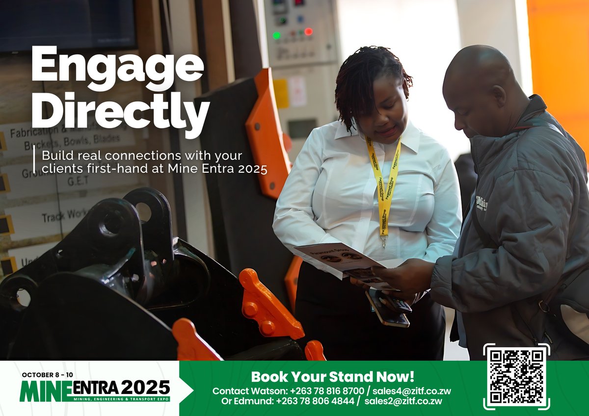ZITF1's tweet photo. It’s more than just stands it’s conversations that ignite connections. Be part of Mine Entra 2025. Exhibit, engage, and grow with the industry’s best.

Book Your Stand: https://t.co/oeCWxIq4DH

#mineentra2025 #miningzw #engineeringzw #beyondextraction #zimbabwemining #booknow #sustainingthefutureofmining