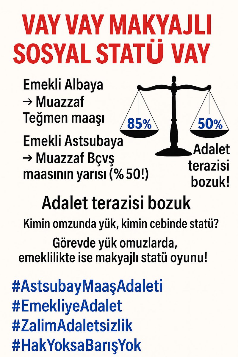 📢 VAY VAY MAKYAJLI ZALİM ZİHNİYET VAY!
Emekli Albaya %85, Astsubaya %50… Şimdi de %40’a indirme peşindeler!
⚖️ Adalet terazisi bozuk, sosyal statü makyajla ayakta durmaz.

#AstsubayMaaşAdaleti #EmekliyeAdalet #ZalimAdaletsizlik #HakYoksaBarışYok
⁦<a href="/temadankara/">TEMAD Genel Başkanlığı</a>⁩ ⁦