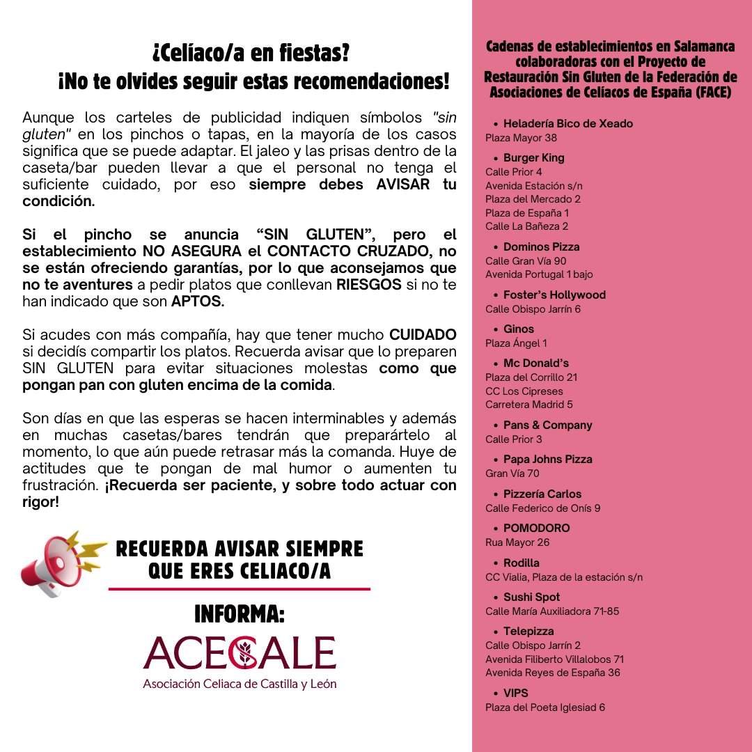 🌽¡Ven a disfrutar de las opciones sin gluten en las Ferias y Fiestas en honor a Santa María de la Vega!

Los siguientes establecimientos forman parte del Proyecto de Restauración sin gluten impulsado por ACECALE desde 2004.

#celiacosalamanca #celiacoscyl