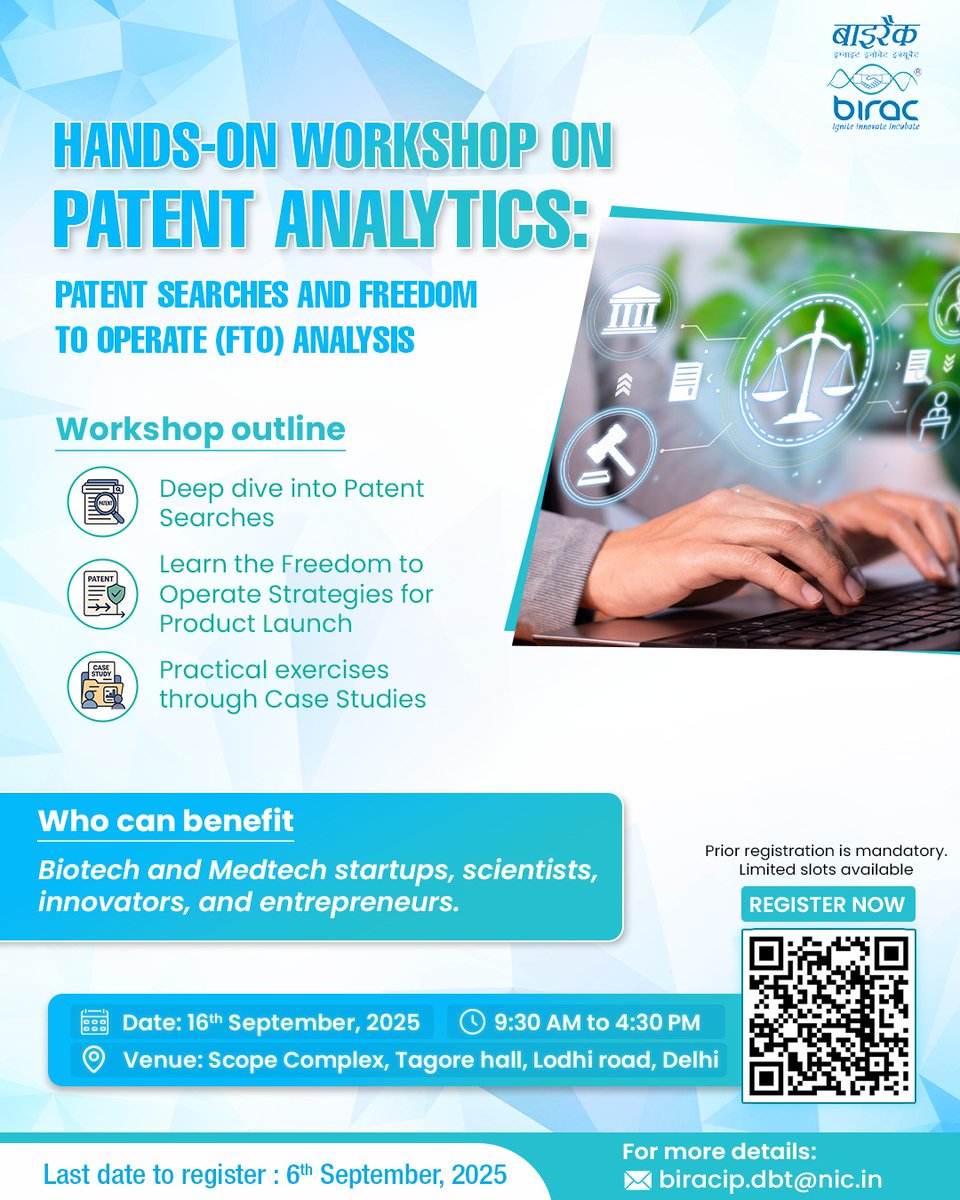 BIRAC_2012's tweet image. Final Call for Registration!

Link -  birac.nic.in/birac_pa_works…

The workshop will cover in-depth patent searches, FTO strategies, and practical case studies.
Open to biotech &amp;amp; medtech startups, scientists, innovators, and entrepreneurs.

#BIRAC #PatentAnalytics #Innovation…