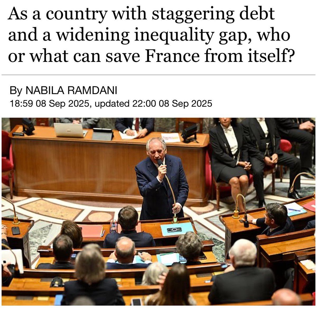 NabilaRamdani's tweet image. Pick up a copy of today’s Daily Mail to read my comment piece on the fall of #Bayrou’s government: 

“To lose one prime minister is unfortunate, but to lose six in just eight years is outright negligent. […] Who or what can save #France from itself?”

dailymail.co.uk/debate/article…