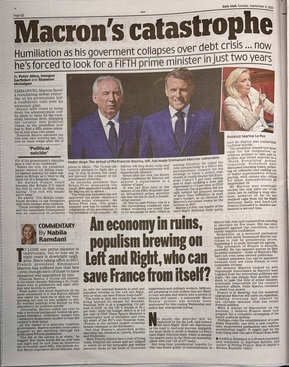 NabilaRamdani's tweet image. Pick up a copy of today’s Daily Mail to read my comment piece on the fall of #Bayrou’s government: 

“To lose one prime minister is unfortunate, but to lose six in just eight years is outright negligent. […] Who or what can save #France from itself?”

dailymail.co.uk/debate/article…