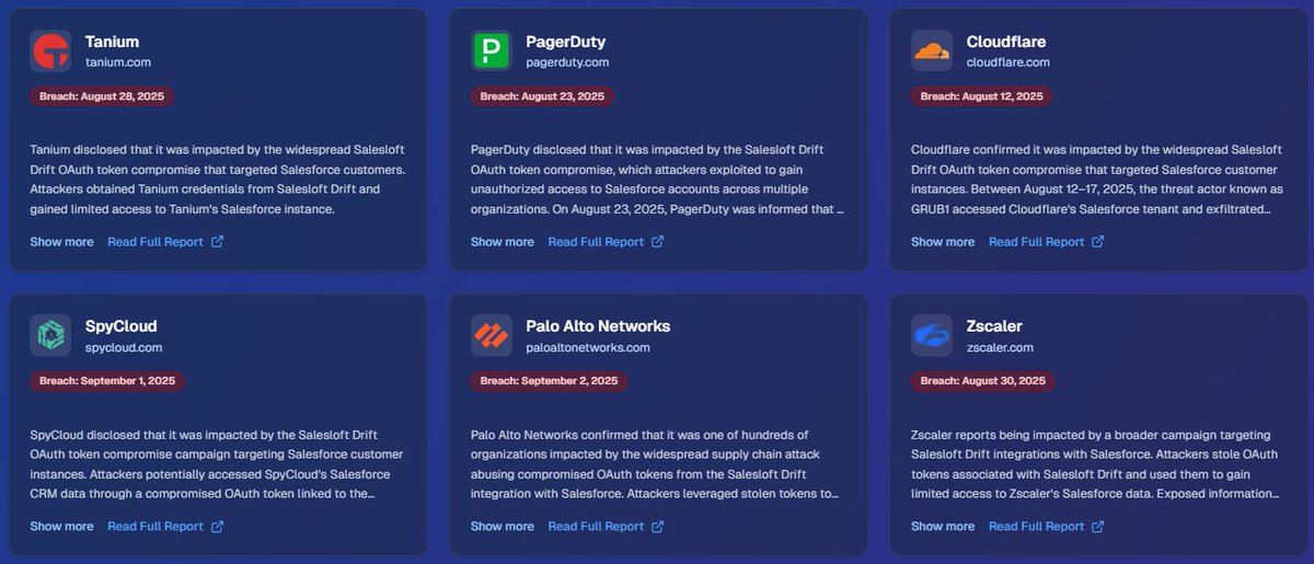 🚨Full list of organizations currently confirmed as victims of the massive Salesloft Drift OAuth token compromise targeting Salesforce integrations

Context: In August 2025, UNC6395 exploited compromised OAuth tokens from Salesloft Drift’s Salesforce integration, bypassing MFA