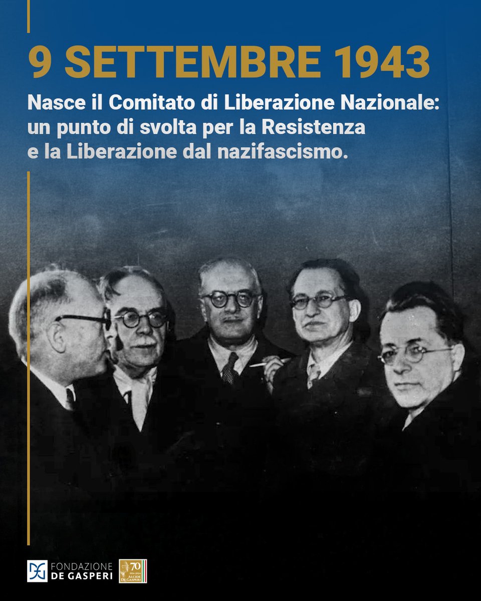 🇮🇹 9 settembre 1943: nasce il #ComitatoLiberazioneNazionale. Unì tutte le forze antifasciste per chiamare il Paese alla Resistenza e restituirgli un posto tra le libere nazioni.

Tra i fondatori Alcide De Gasperi, in rappresentanza della Democrazia Cristiana.

#DeGasperi70