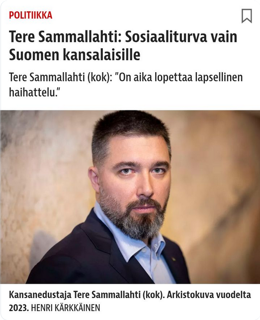 Nyt tomerat toimittajat:
1. Koskeeko myös ukrainalaisia?
2. Jos ei, pitääkö sosiaaliturva määritellä siis sen mukaan mistä on?
3. Mitä "pääministerimme" <a href="/PetteriOrpo/">Petteri Orpo</a> ajattelee puolueensa k.edustajan lausunnosta?
<a href="/STTuutiset/">STT uutiset</a> <a href="/MTVUutiset/">MTV Uutiset</a> <a href="/yleuutiset/">Yle Uutiset</a> <a href="/hsfi/">Helsingin Sanomat</a> <a href="/iltasanomat/">Ilta-Sanomat</a> <a href="/iltalehti_fi/">Iltalehti</a>