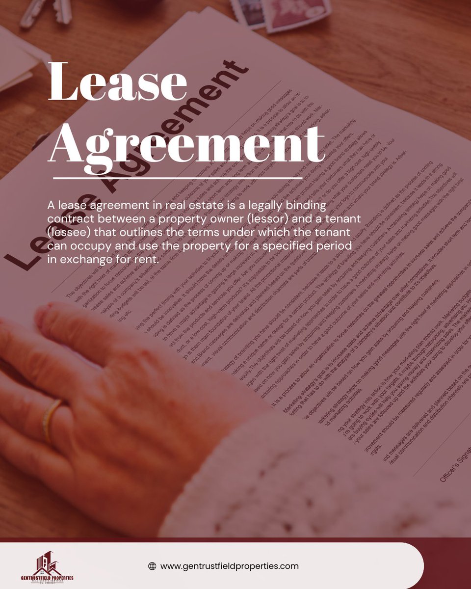 gentrustfield's tweet image. A lease agreement is a legal contract between a landlord and tenant that sets the rules for renting property—covering rent, duration, and responsibilities. It’s the blueprint for a smooth rental experience!

 #gentrustfieldproperties #austinoseghale #dailydefinition