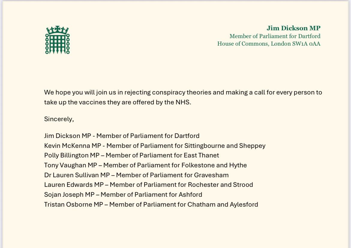 NEW: Eight Labour MPs from Kent have written to the Leader of the County Council, Reform UK's Linden Kemkaran, criticising her for "repeating conspiracy theories" about the Covid-19 jabs that "risk undermining people's faith in vaccines at this crucial time". 

<a href="/itvmeridian/">ITV News Meridian</a>