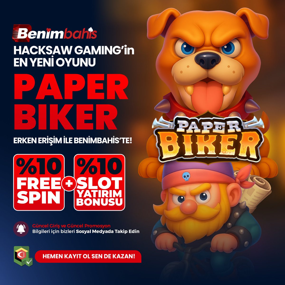 benimbahis's tweet photo. 🐶 PAPER BIKER artık ERKEN ERİŞİM ile BENİMBAHİS’TE!  

💦%10 FREE SPIN + %10 SLOT YATIRIM BONUSU 💎
💦 CLUSTER PAY &amp; ÇILGIN ÇARPANLAR
💦 15.000× KAZANÇ POTANSİYELİ!

⚡️ ŞİMDİ SEN DE MACERAYA KATIL, ÇARPANLARIN GÜCÜYLE ZİRVEYE TIRMAN! https://t.co/prCwDe9wbc