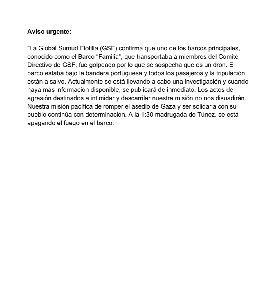 AVISO URGENTE: Uno de los barcos de la GSF, en el que viaja Greta Thunberg, recibe un ataque con dron y ha provocado un incendio en cubierta. No hay heridos elpais.com/internacional/…
Los actos de agresión destinados a intimidar y descarrilar nuestra misión no nos disuadirán.