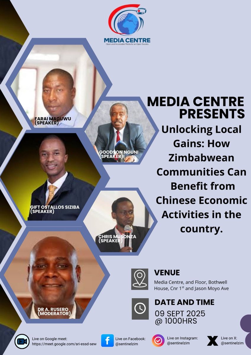 TheZimbabweSentinel (@sentinelzim) on Twitter photo The question of Chinese investment in Zimbabwe must be looked at in the context of our governance architecture.
Please join the dialogue here: meet.google.com/sri-essd-sew
<a href="/CNRG_ZIM/">CNRG Zim</a> <a href="/InfoMinZW/">Ministry of Information, Publicity & Broadcasting</a> <a href="/mudzengie/">Earnest Mudzengi</a> <a href="/ChineseZimbabwe/">Chinese Embassy in Zimbabwe</a> The question of Chinese investment in Zimbabwe must be looked at in the context of our governance architecture.
Please join the dialogue here: meet.google.com/sri-essd-sew
<a href="/CNRG_ZIM/">CNRG Zim</a> <a href="/InfoMinZW/">Ministry of Information, Publicity & Broadcasting</a> <a href="/mudzengie/">Earnest Mudzengi</a> <a href="/ChineseZimbabwe/">Chinese Embassy in Zimbabwe</a>