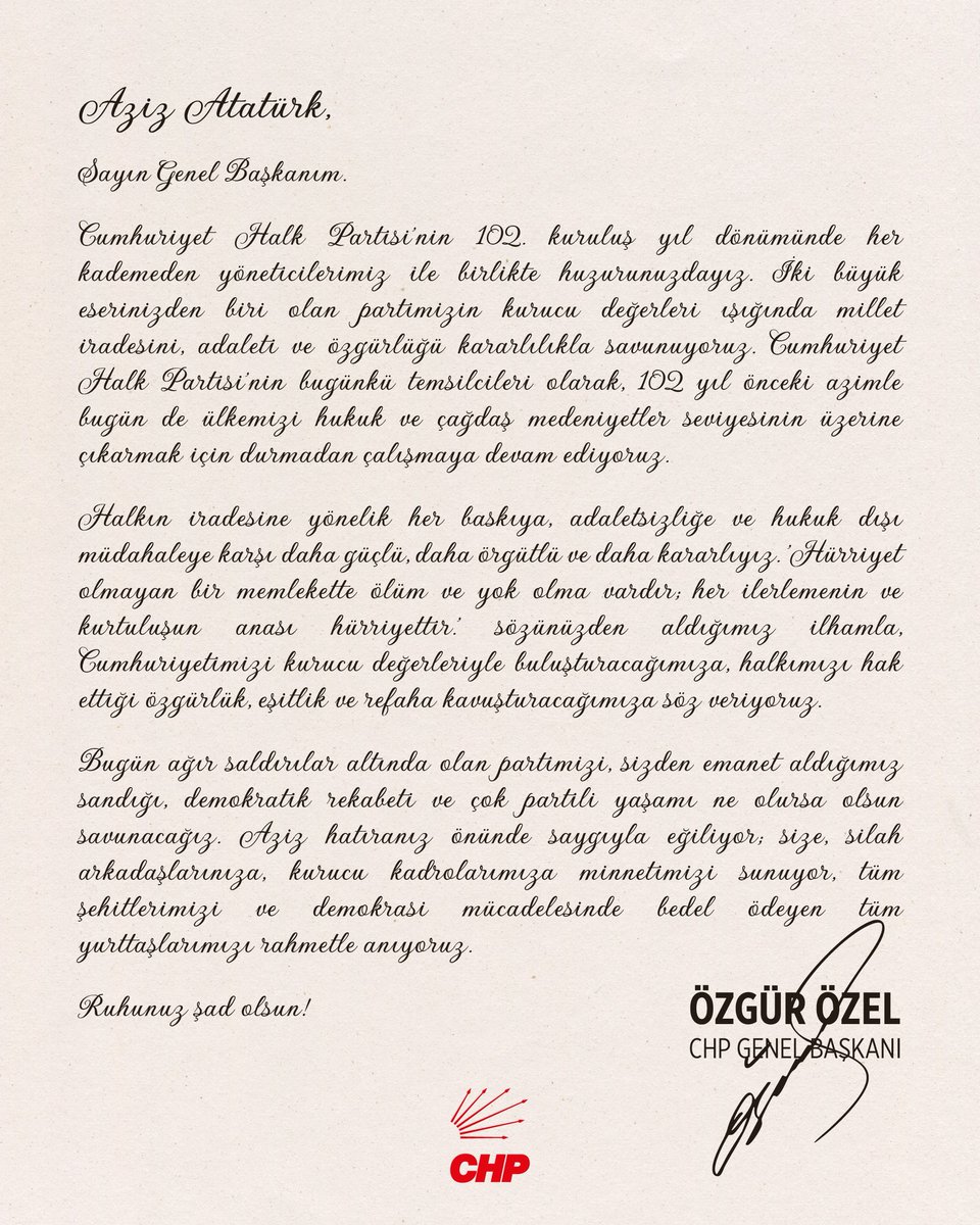 Genel Başkanımız Özgür Özel, partimizin 102. kuruluş yılı nedeniyle Anıtkabir Özel Defteri’ni imzaladı. 

“Bugün ağır saldırılar altına olan partimizi, sizden emanet aldığımız sandığı, demokratik rekabeti ve çok partili yaşamı ne pahasına olursa olsun savunacağız!”