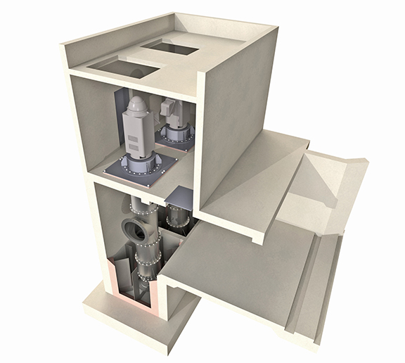 Morrison 3D model rendering of a stormwater pump station with two (2) Morrison high capacity, variable speed, Vertical Pumps.