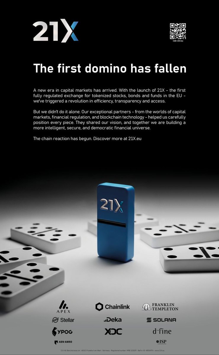 🎉 A historic milestone: #21X has launched Europe’s 1st fully #regulated #exchange for #tokenized #stocks, #bonds &amp; #funds! 🚀

Yesterday’s debut marks the start of a new era in capital markets. The chain reaction has begun!

Read more 👉 lnkd.in/eyr-QbJi

#Tokenization