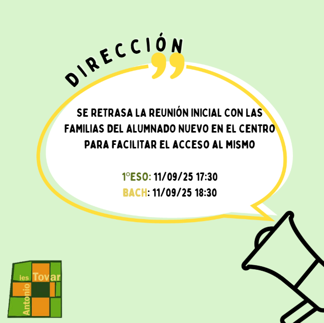 iestovar's tweet photo. ¡Atención! 

Atrasamos la reunión con las familias del alumnado nuevo debido a la celebración de la Contrarreloj de la Vuelta a España.

📅1ESO: 11/09 a las 17:30
📅BACH: 11/09 a las 18:30

Información
👉https://t.co/grKlgPiaSa
Cortes tráfico
👉https://t.co/V0SoqCxVCc https://t.co/qsC2gkjEjY