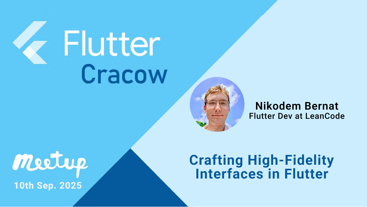 LeanCodePl's tweet image. 👋 Hello Cracow! Tomorrow you can meet LeanCode at the @FlutterCracow meetup!

This time you’ll hear three inspiring talks, including two delivered by our LeanCode team:
🎤 Refactoring Flutter at Scale – Kamil Sztandur &amp;amp; Agnieszka Forajter
🎤 Crafting High-Fidelity Interfaces –…