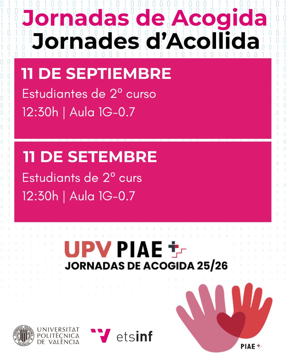 🟣 | JORNADAS DE ACOGIDA

Estudiantes de 2º curso… ¡para vosotros/as también hay bienvenida! 

Será el próximo 📅 jueves, 11 de septiembre | 🕚 12:30h | 📍 Aula 1G 0.7

¡Os esperamos a todos y todas! 🤩