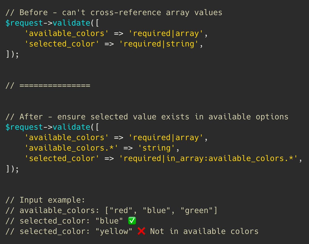 PovilasKorop's tweet image. Laravel tip.
Want to check if a field exists in another array field's values?
Use `in_array` validation to ensure a value exists within another field's array data.
Link to the docs: laravel.com/docs/12.x/vali…
#practicalLaravelDocs