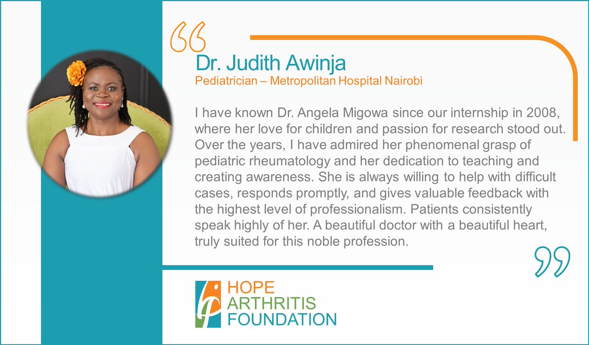🌟 Inspiration meets expertise! 🌟

Dr. Angela Migowa has dedicated her life to bringing hope and healing to children with rheumatic diseases.

Now, you can learn directly from her at our Pediatric Rheumatology Bootcamp — register now!
hopearthritisfoundation.com/bootcamp-regis…

#TestimonialTuesday