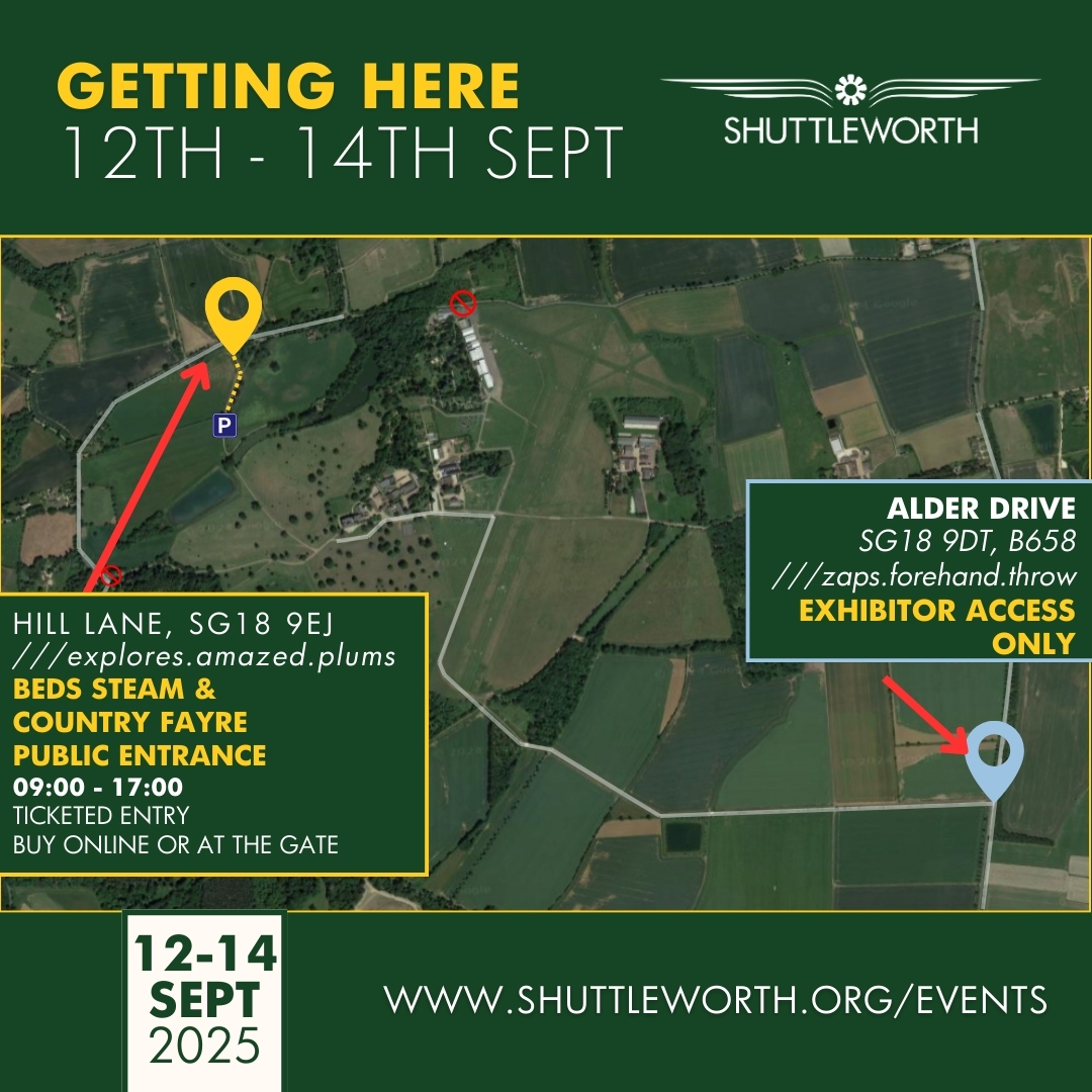 Site access from Friday 12 - Sunday 14 September:

Daily admission tickets will not be valid, to access the Collection &amp; Garden you will need a valid event ticket.

The Runway Café will be open but only accessible via Hill Lane at SG18 9EJ  (W3W ///decorator.thus.branching)