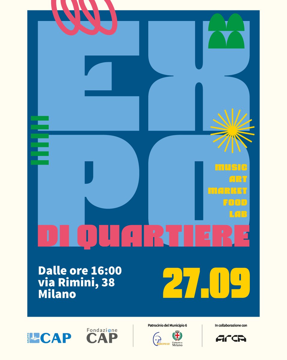 gruppocap's tweet photo. Ci rivediamo in piazza? Expo di quartiere: un evento aperto alla comunità con laboratori, teatro, pet therapy, breakdance, musica e produttori locali.

Sabato 27 settembre, dalle ore 16:00
Via Rimini 38, Milano Gruppo CAP

Info qui: https://t.co/QrJAZ5GxlF https://t.co/KWp8x1vqd1