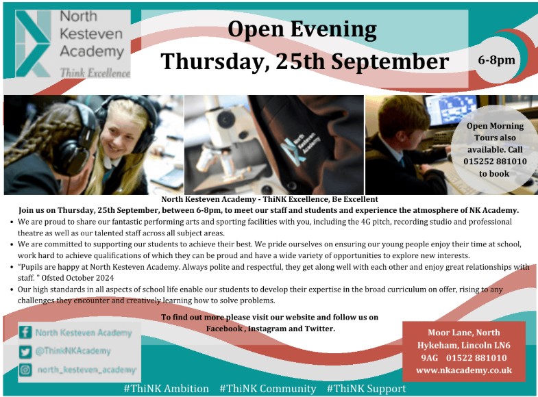📢 North Kesteven Academy Open Evening: Thurs 25 Sept, 6–8pm. Discover their amazing facilities &amp; meet the team! 🌟 👉 nkacademy.co.uk