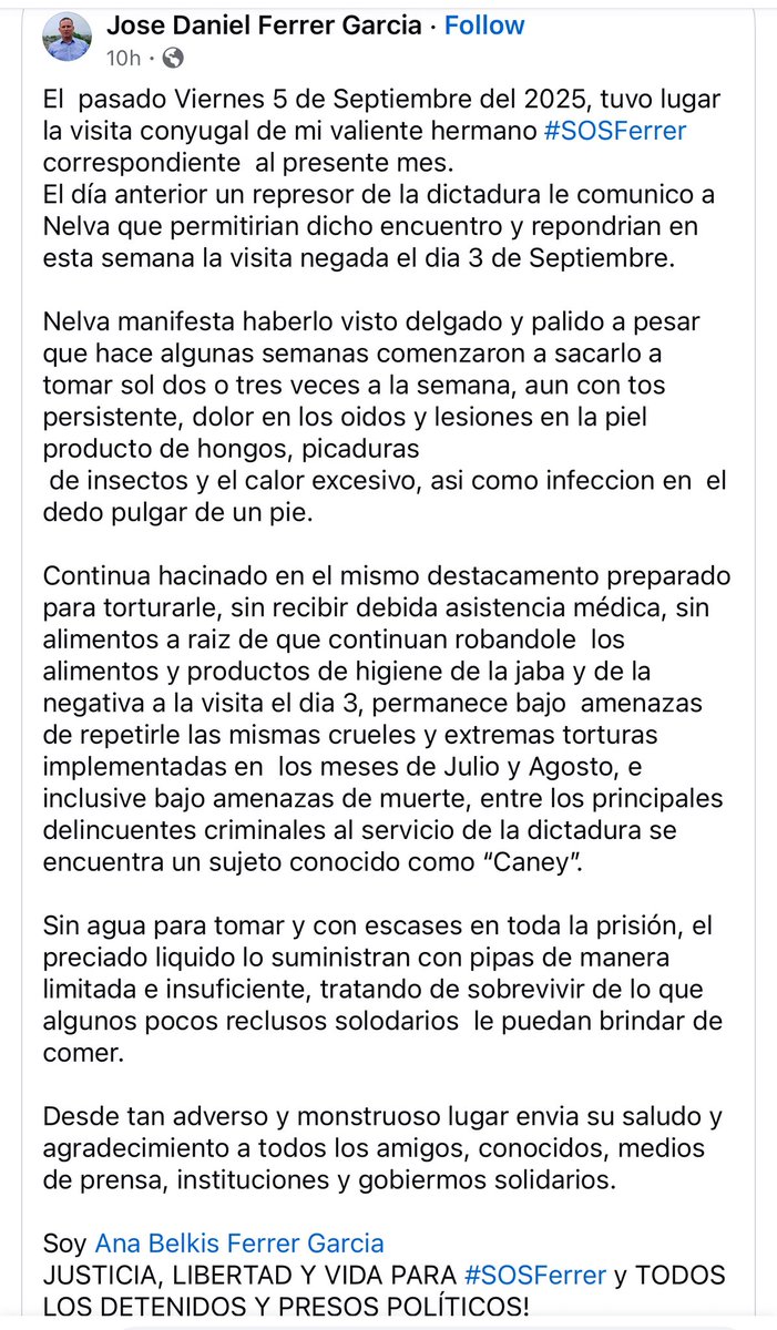 vozdelafnca's tweet photo. 🔴 El 5 de Septiembre de 2025, se llevó a cabo la visita conyugal de #SOSFerrer. A pesar de las condiciones inhumanas que enfrenta, sigue luchando. Recibe amenazas y torturas, pero su espíritu permanece fuerte. #SOSFerrer y todos los presos políticos! #AbajoLaDictadura #LibertadParaFerrer