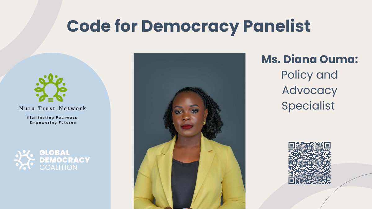 NuruTrustKenya's tweet image. We're thrilled to announce Diana Ouma as a panellist for #CodeForDemocracy! As the Executive Director of @KeYouth4sdgs and co-host of the 'Perspective Podcast,' she's a champion for youth engagement in sustainable development and policy. #CodeforDemocracyKE #IDD2025 #YouthForSDGs