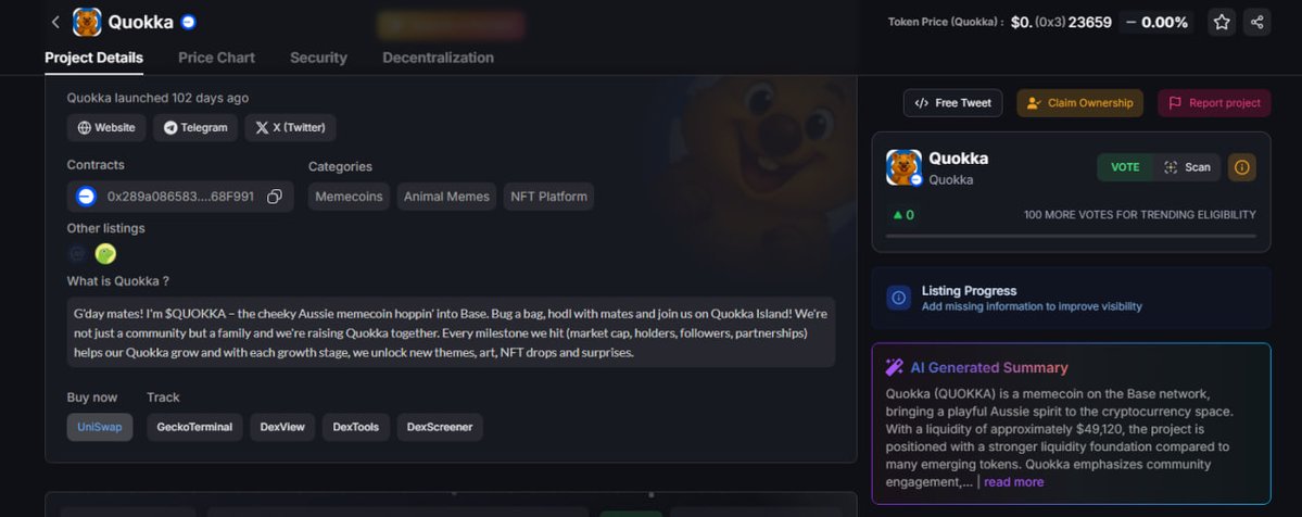 Quokka On Base (@quokkacoinbase) on Twitter photo $QUOKKA is now listed on <a href="/FreshCoinsIo/">FreshCoins.io</a> π
Check out the page and vote for us here: freshcoins.io/coins/quokka
We are building every day. The Quokka don't stop. $QUOKKA is now listed on <a href="/FreshCoinsIo/">FreshCoins.io</a> π
Check out the page and vote for us here: freshcoins.io/coins/quokka
We are building every day. The Quokka don't stop.
