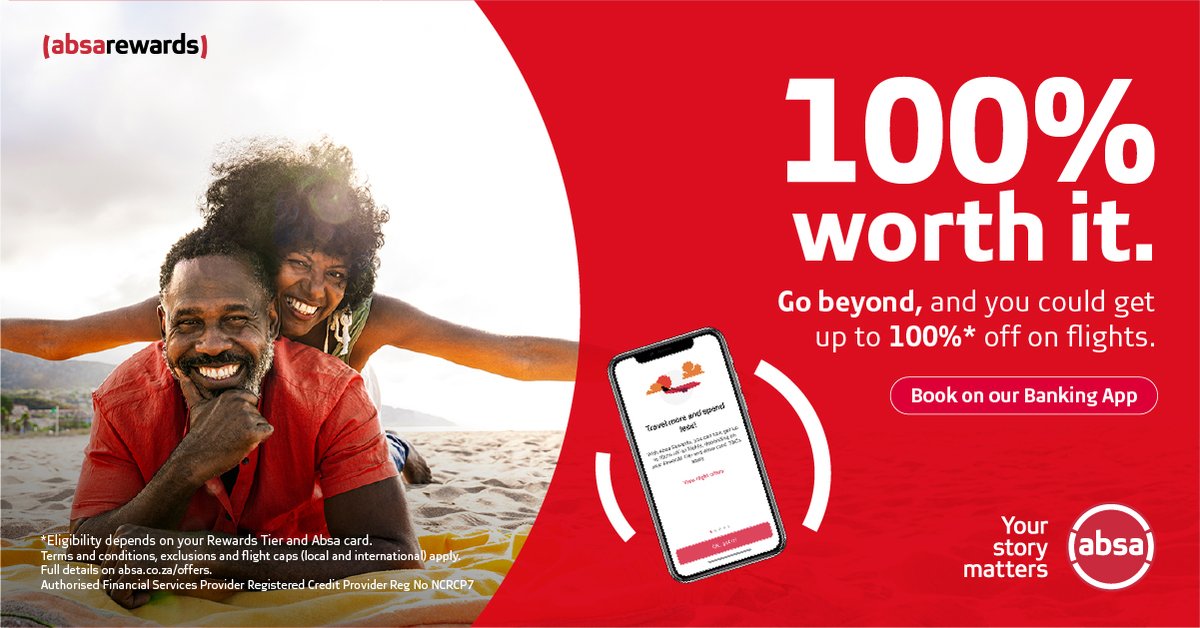 AbsaSouthAfrica's tweet photo. Your wait is over! 🚀 Travel the world with #AbsaRewardsTravel. Book flights on the Absa Banking App &amp; unlock up to 100%* off. https://t.co/dY4hfQ34XX