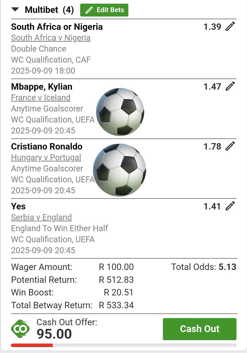 LeswiiSwaMina's tweet photo. My #5OddsChallenge 
Multi Bet betslip : BW1014C22F https://t.co/4jSr7zrx0L
Yesterday i lost 2 tickets by 1 match 😰😰
Mbappe vs CR7 don't disappoint guys 🙌🏾 👏🏾 🔥 https://t.co/zAkKNDoGeq