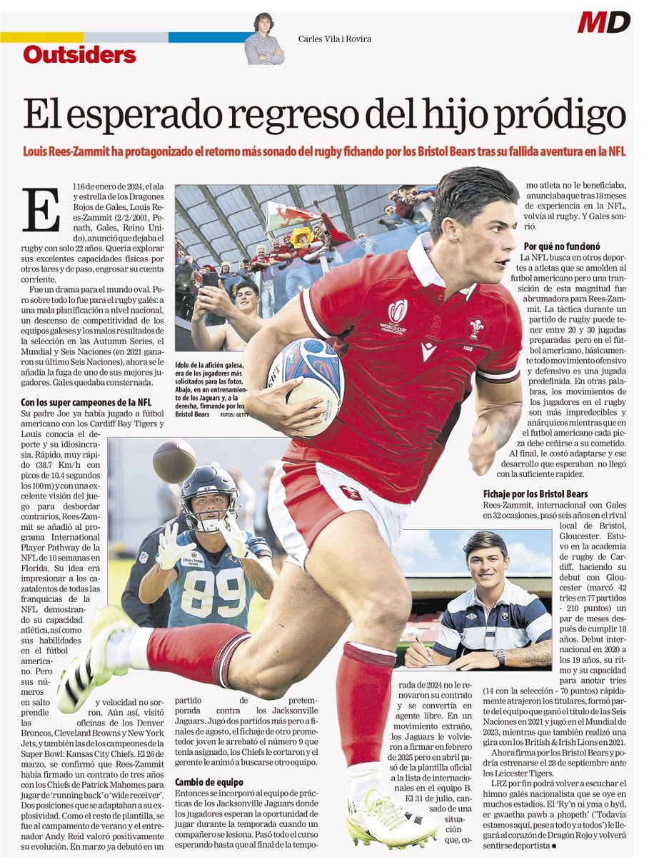 OUTSIDERS #205 en papel y web de <a href="/mundodeportivo/">Mundo Deportivo</a> 
El esperado regreso del hijo pródigo.
Louis Rees-Zammit ha protagonizado el retorno más sonado del rugby mundial fichando por los Bristol Bears tras su fallida aventura americana en la NFL.
mundodeportivo.com/rugby/20250909…