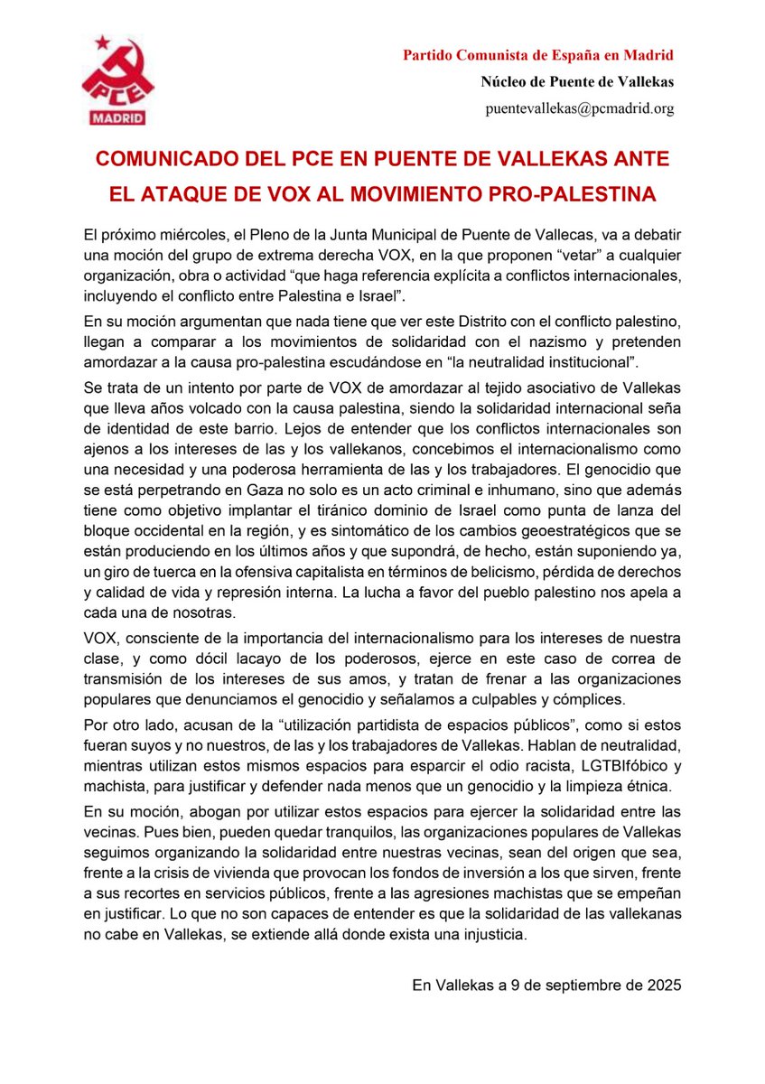 📣 COMUNICADO 📣

Ante el ataque de VOX al movimiento pro-palestina de Vallekas.

Pretenden expulsar la solidaridad de Vallekas. Nos tendrán en frente y organizadas 💪🇵🇸