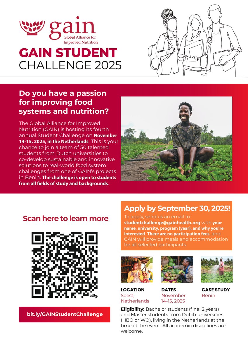 Calling all Bachelor (final 2 yrs) &amp; Master students from Dutch universities (HBO/WO), living in the Netherlands.

Join us for our 4th GAIN Student Challenge 2025.

👉 Learn more &amp; apply: gainhealth.org/events/gain-st…
