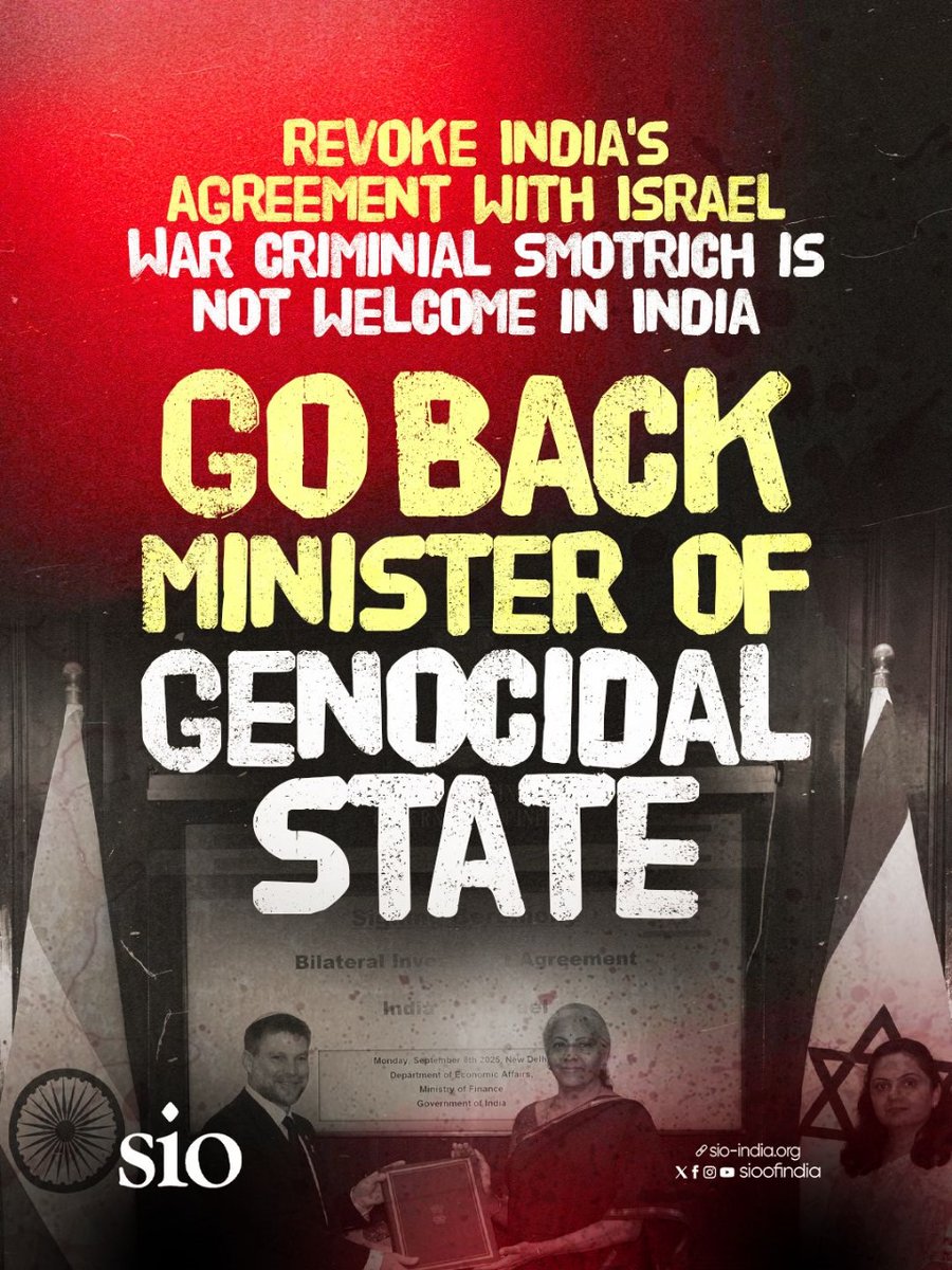 siocg's tweet photo. By welcoming Israel’s far-right Finance Minister Bezalel Smotrich, sanctioned by multiple countries for his genocidal incitement against Palestinians, the BJP government has chosen to side with an apartheid regime!
Go back War Criminal Smotrich!
#FreePalestine #IndiaForPalestine https://t.co/WHsZDSMw5v