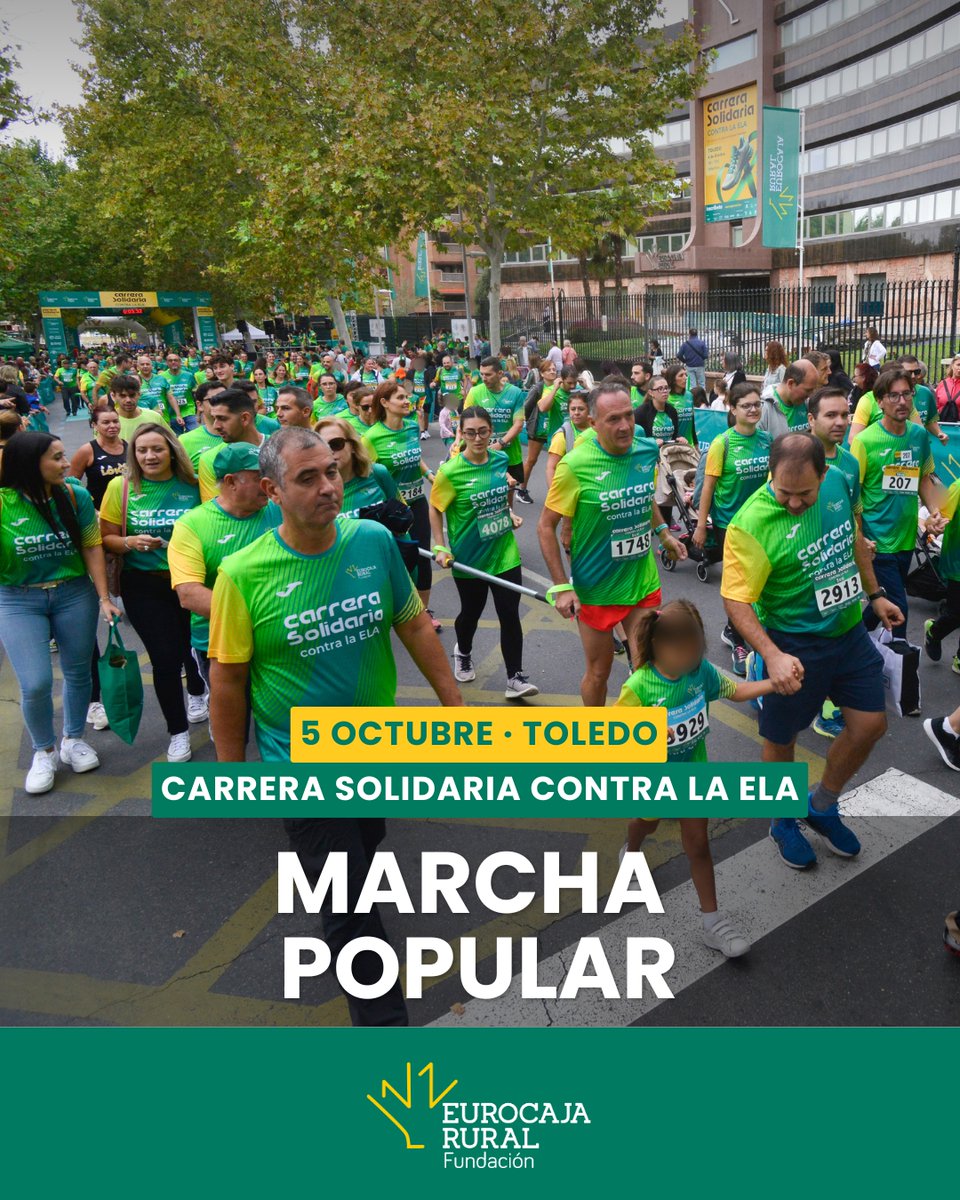 FundacionECR's tweet photo. Si lo tuyo no es correr pero sí quieres participar en la Carrera Solidaria contra la ELA, inscríbete a la marcha popular. Una opción perfecta para quienes quieren participar a otro ritmo pero con el corazón lleno de solidaridad 💚

Una experiencia inclusiva, familiar y 100% solidaria.
📅 Domingo, 5 de octubre
📍 Toledo
🎽 Camiseta oficial y bolsa del corredor, que podrás recoger en la sede de Eurocaja Rural (Calle Méjico, 2. Toledo) 👉 3 y 4 de octubre, de 10:00-15:00 y 17:00-20:00, y el día de la carrera de 8:00 a 9:30
✔️ Inscripciones = Donaciones (con hasta un 80% de desgravación fiscal)

✅ Inscríbete en https://t.co/cNidTlBmBb

💚El 100% de los fondos recaudados irá destinado a @AdelanteCLM, @AsociacionELA, @ELA_CyL, @adelacv, #ELARegiónDeMurcia, @_ARAELA_, @Asoc_CanELA  y #VencELALaRioja  

📷 Con el apoyo de @eurocajarural, @minsaitbyindra, #GrupoEulen, @unitel_tc, @gobjccm, @deportesclm y @ToledoAyto   

#CarreraSolidariaFundaciónECR #ELA #EsclerosisLateralAmiotrófica #JuntosContraLaELA #FundaciónEurocajaRural