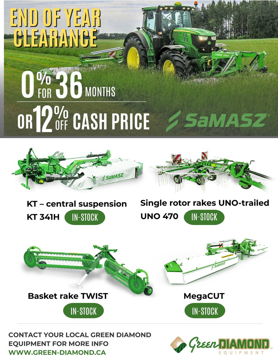 📣 SaMasz Year-End Clearance Event! 🚜💥
Whether you're upgrading your fleet or gearing up for next season, now’s the time to take advantage of unbeatable deals.
📍 Contact us to reserve your equipment today. green-diamond.ca
#SaMasz #YearEndClearance #AgEquipmentDeals