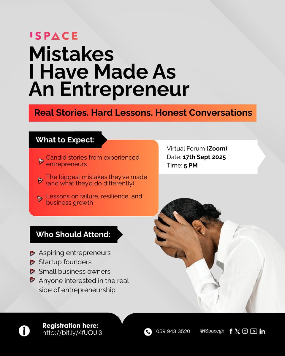 iSpaceGh's tweet photo. “Mistakes are made by those brave enough to try, and yes, I’ve made plenty because I’ve dared to try.” Join our host, Josiah Kwesi Eyison, as he shares Mistakes He Has Made As An Entrepreneur with fellow entrepreneurs.

17th Sept | 5PM | Zoom
Register: https://t.co/OJOBoUQ3u6 https://t.co/AtFtAXRTe0
