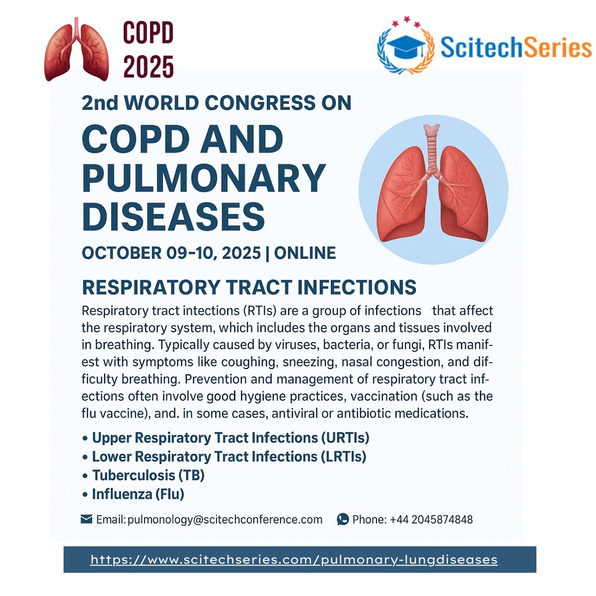 🌍 Join the 2nd World Congress on COPD &amp; Pulmonary Diseases
🗓️ Oct 09-10, 2025 | Online
📚 Focus: Respiratory Infections, TB, Flu &amp; more
📧 pulmonology@scitechconference.com
👉 Don’t miss out!
 #COPD #PulmonaryHealth #MedTwitter #Webinar #online <a href="/ScitechSeries/">Scitech Series</a>
