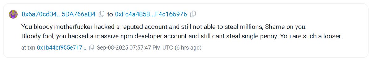 advocatemack's tweet image. LOL the messages on the blockchain transactions for the #NPM #debug supply chain attack