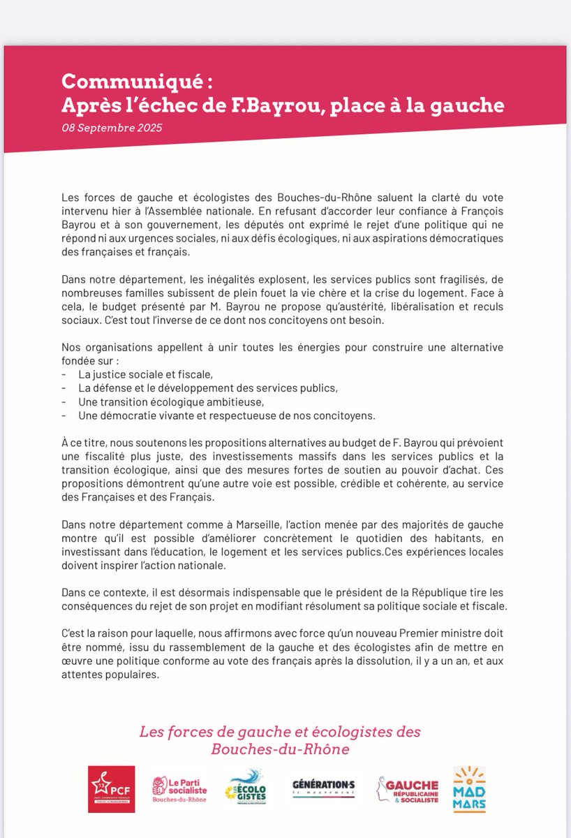 Les législatives 2024 c’est refus du RN, et volonté d’une politique porteuse de justice sociale
Depuis :
- Barnier, négocie le budget avec le RN
- Bayrou, + d’injustice sociale sous couvert de la dette

Il est temps de respecter les urnes et nommer un 1er ministre de gauche !