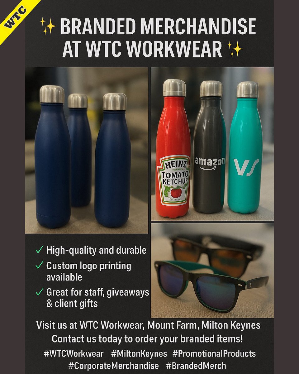 Keep your brand in sight 👓 and in hand 💧.

Branded drinking bottles and sunglasses are more than giveaways — they’re everyday essentials your clients and teams will actually use.

Your logo, their lifestyle. That’s promotional merchandise done right. 🙌

#WTCWorkwear