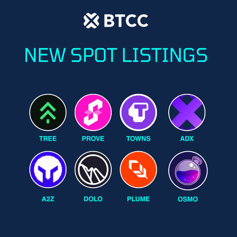 BTCCexchange's tweet photo. 🚨New Spot Listings on BTCC!

We’ve just added 16 new tokens to spot trading ✨
$TREE｜$PROVE｜$TOWNS｜$ADX｜$A2Z
$DOLO｜$PLUME｜$OSMO｜$PIVX｜$PLAY
$K｜$AKE｜$BAS｜$DAM｜$TAKE｜$HEMI

👉 Explore the new pairs now in BTCC Spot: https://t.co/4q2bdwikLy