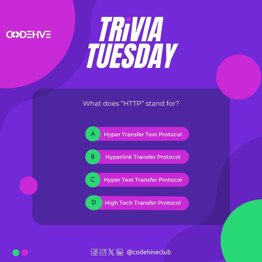 CodehiveClub's tweet image. 🌐 Internet lovers, this one’s for you! Can you decode HTTP? Let’s see who gets it right! 👇

#CodeHiveClub #TechTrivia #TriviaTuesday #WebTechnology #CodingLife