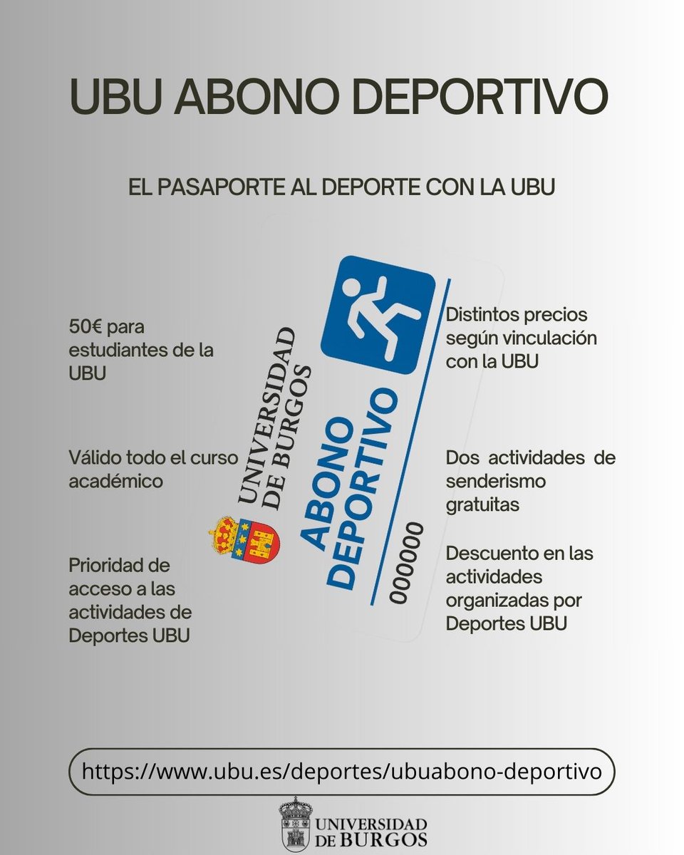 #Noticias_UBU | UBUABONO DEPORTIVO
El pasaporte al Deporte Universitario 

Conoce algunos de los beneficios que tiene el UBU Abono Deportivo
 
• INSCRIPCIONES: Ya se puede solicitar el UBUAbono Deportivo. | #CursosDeportivos_UBU

►ubu.es/deportes/ubuab…