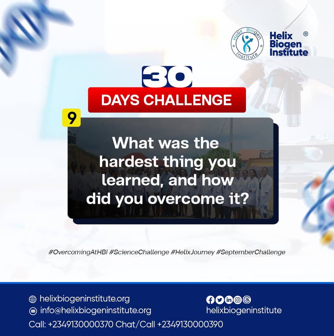 HelixBiogenInst's tweet image. Day 9

What was the hardest thing you learned, and how did you overcome it?

Don&apos;t forget to tag the Director of Science @OladipoKolawol5 and Helix Biogen Institute on LinkedIn, Instagram, Facebook, X, and Threads.

#ScienceChallenge #HelixJourney #SeptemberChallenge
