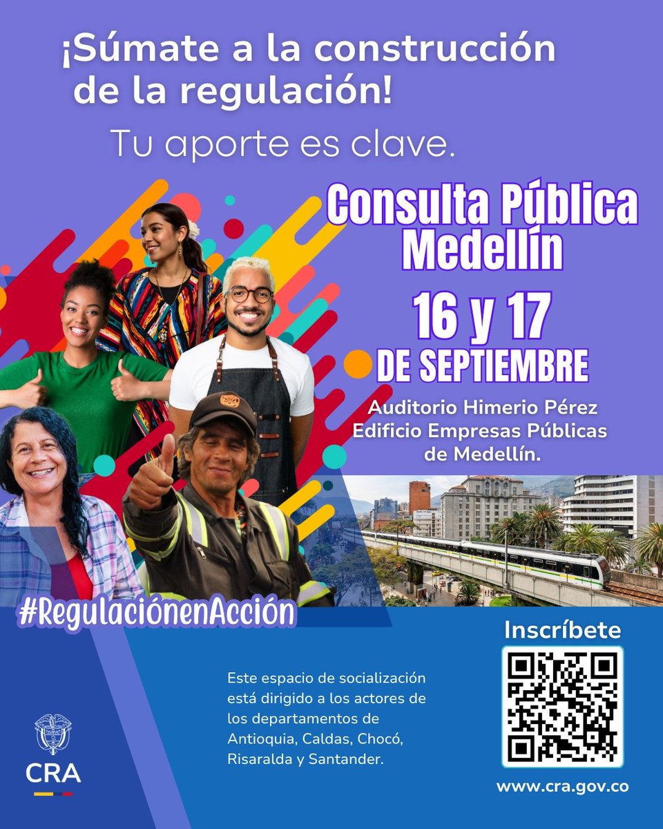 📢 #ConsultaPública en Medellín | ¡Participa y sé parte del proceso de construcción de la regulación! Conoce las propuestas de Resolución de los servicios públicos de Acueducto, Alcantarillado y Aseo para grandes prestadores.
✅Inscríbete aquí: forms.office.com/r/4UEvsrUj8E
