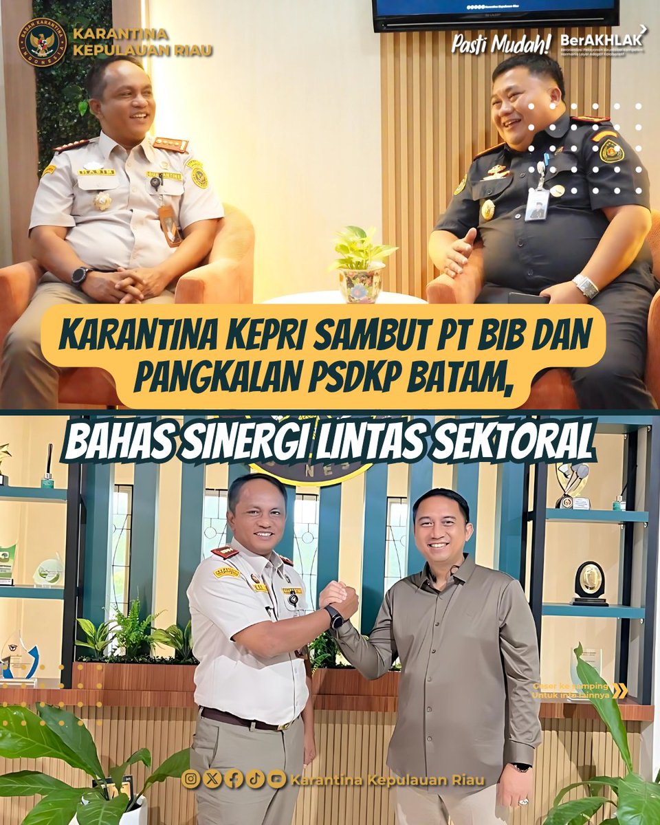 Kepala Karantina Kepulauan Riau (Kepri), Hasim menerima kunjungan silaturahmi dari Direktur Operasional PT Bandara Internasional Batam (PT BIB), Anton Marthalius dan Kepala Pangkalan PSDKP Batam, Semuel Sandi Rundupadang pada Selasa (9/9).