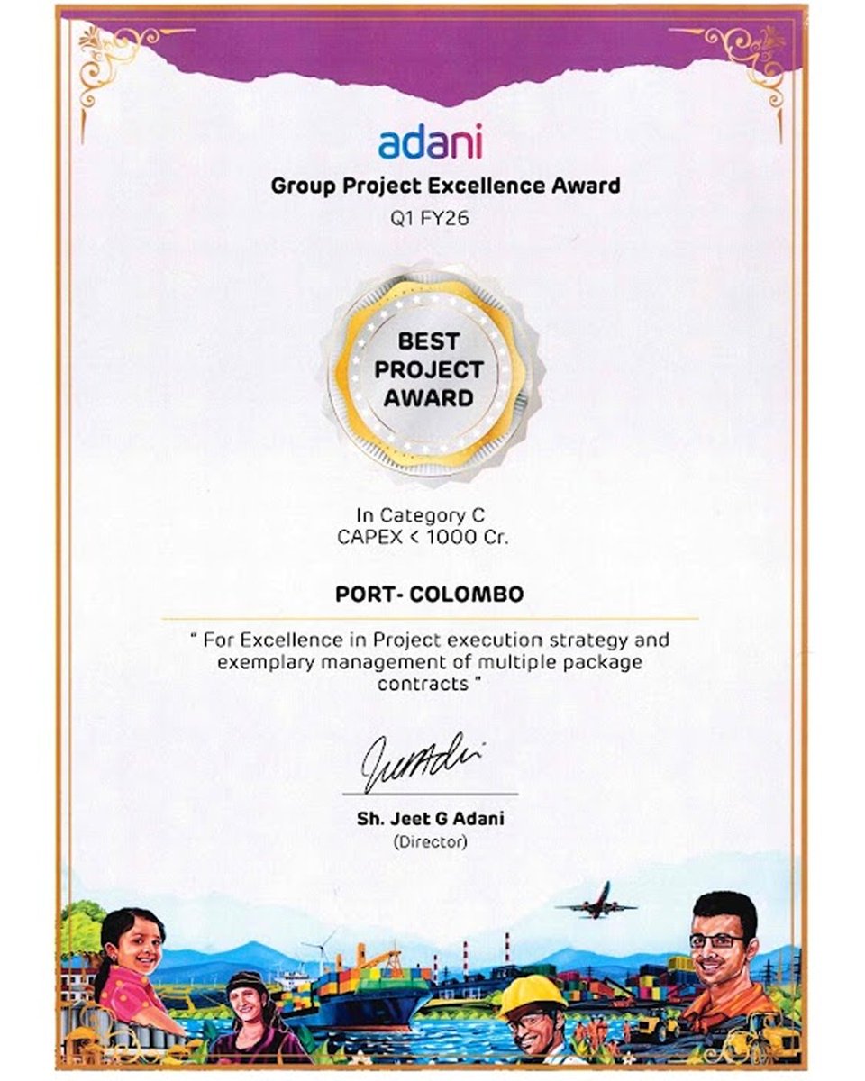 CWITSriLanka's tweet image. Congratulations to the CWIT Project Team on winning Best Project – Q1 FY26 by Adani Group!

 A true testament to hard work, teamwork &amp;amp; excellence in delivering a high-impact project with speed &amp;amp; precision. 

#BestProject #ProudMoment #CWIT #PortOfColombo #APSEZ #JKH #SLPA